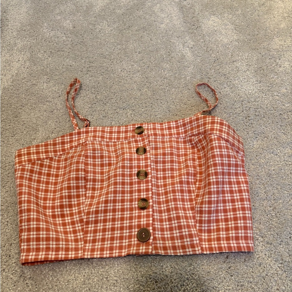 Plaid Button-Up Crop Top - Red